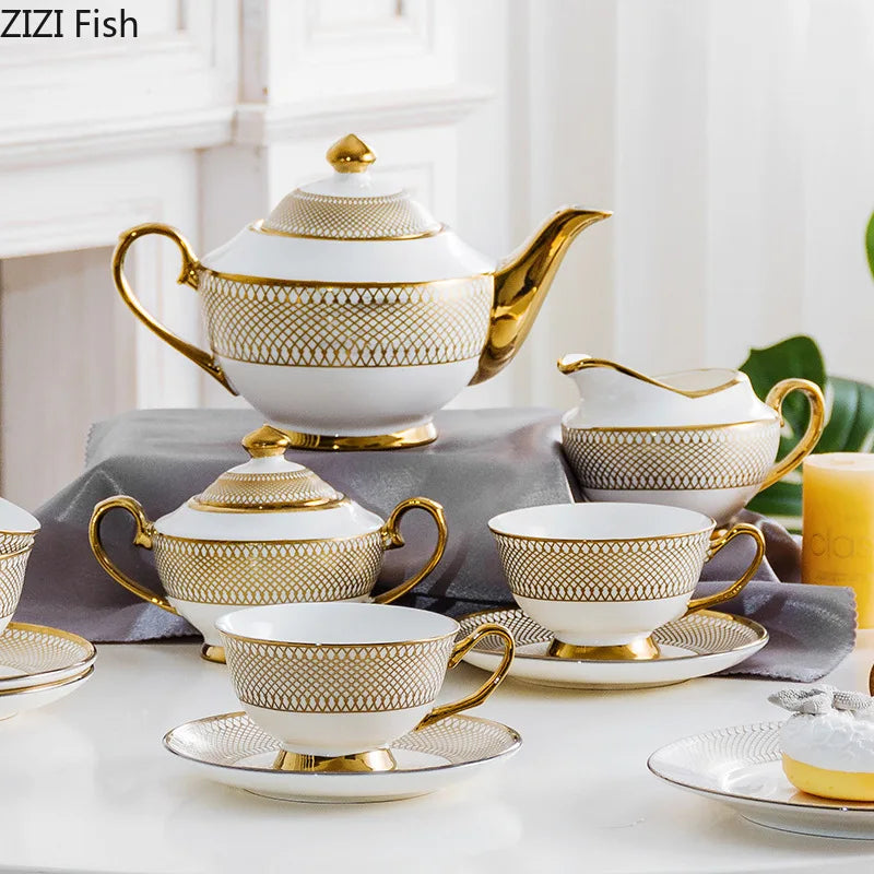 Afralia™ Gold Ceramic Tea Set for Dining Table, Coffee Mug, Teapot, Afternoon Tea & Beverage Container