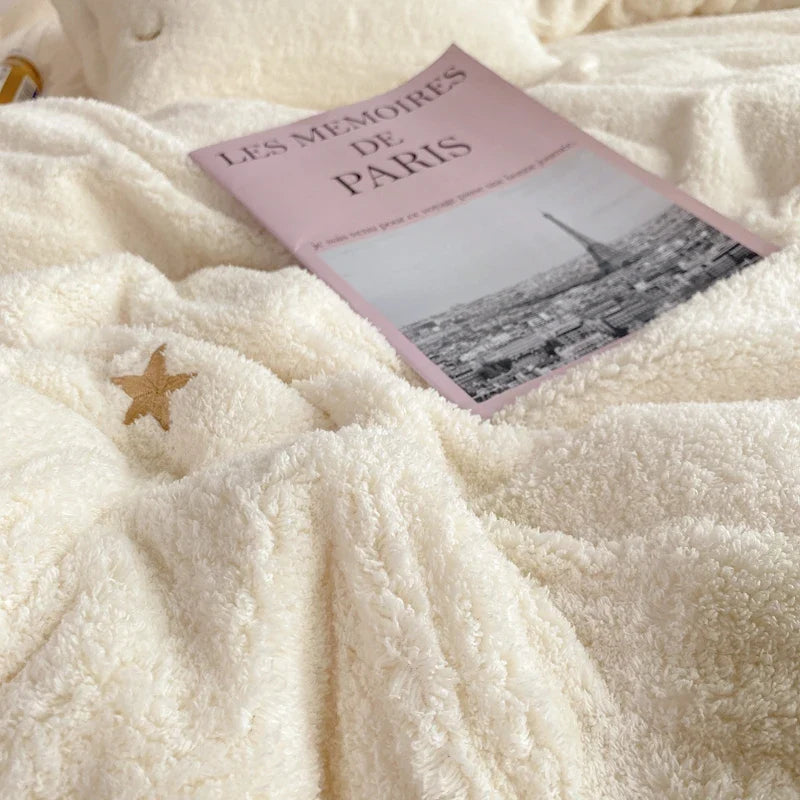 Afralia™ Berber Fleece Star Bear Embroidery Bedding Set - Cream White, Winter Home Textiles