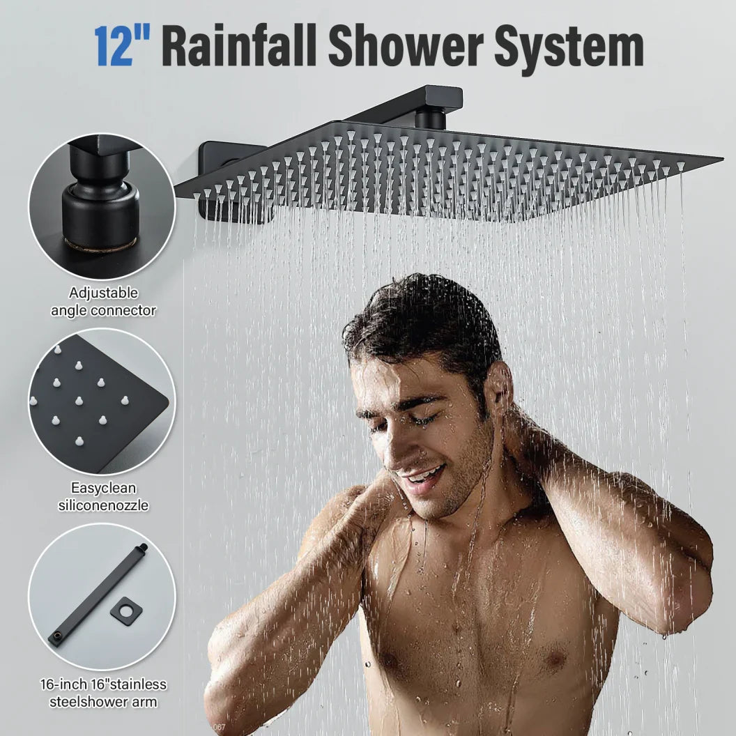 Afralia™ Matte Black Rain Shower Head Set with Wall Mounted Arm for Bathroom