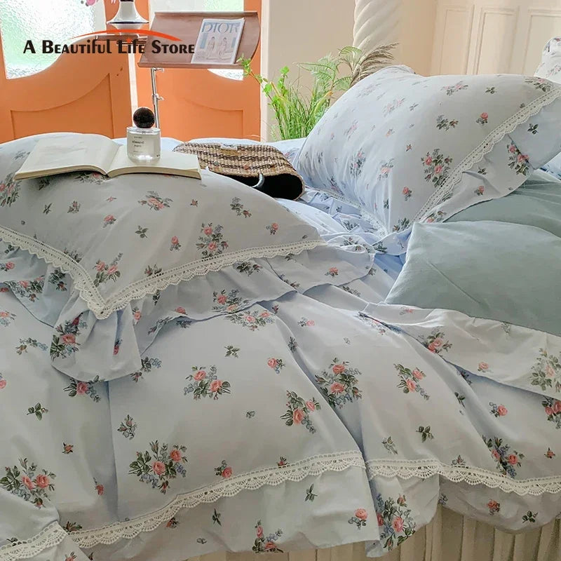 Afralia™ Lace Ruffles Floral Velvet Patchwork Duvet Cover Bedding Set