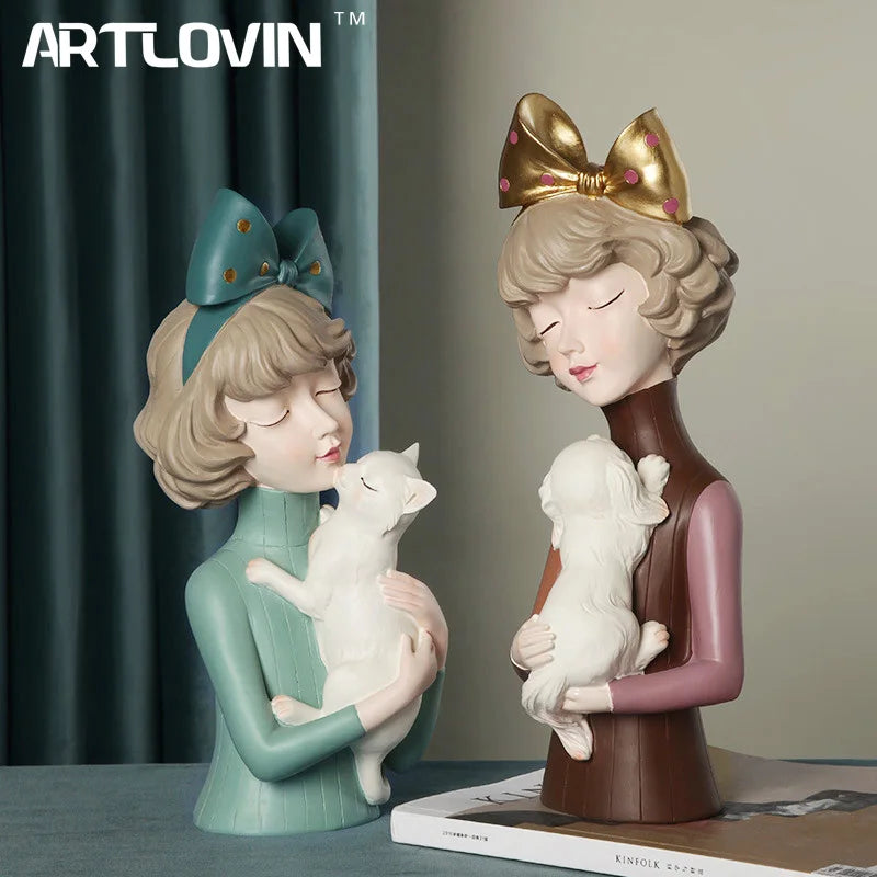 Bow Hairpin Girl Figure Statue Holding Kitten & Dog Sculptures by Afralia™