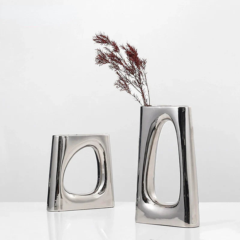 Afralia™ Silver Geometric Ceramic Vase for Home Decor and Floral Arrangements