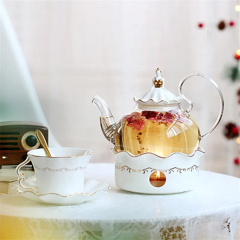Afralia™ Porcelain Tea Set with Glass Cup and Candle Warmer