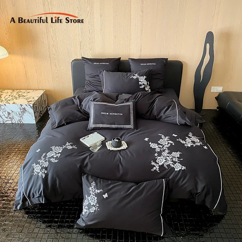 Afralia™ Egyptian Cotton Flowers Embroidery Bedding Set in Black, Red, and Khaki