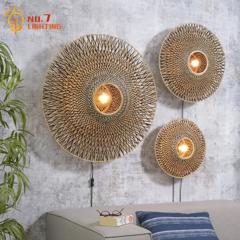 Afralia™ Bamboo Weaving Wall Lamp LED E27 Zen Art Decor for Study Tea Living Room