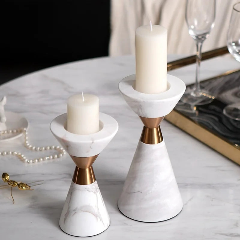 Afralia™ Golden Metal & White Volakos Marble Wedding Candlesticks