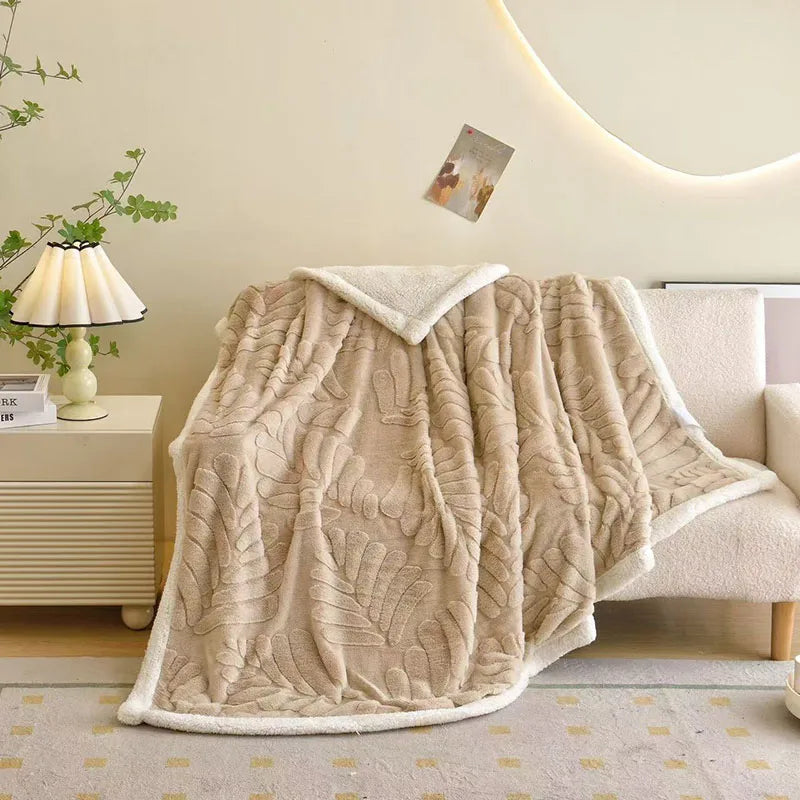 Afralia™ Banana Leaf Jacquard Faux Rabbit Fur Double Layer Lamb Bedspread