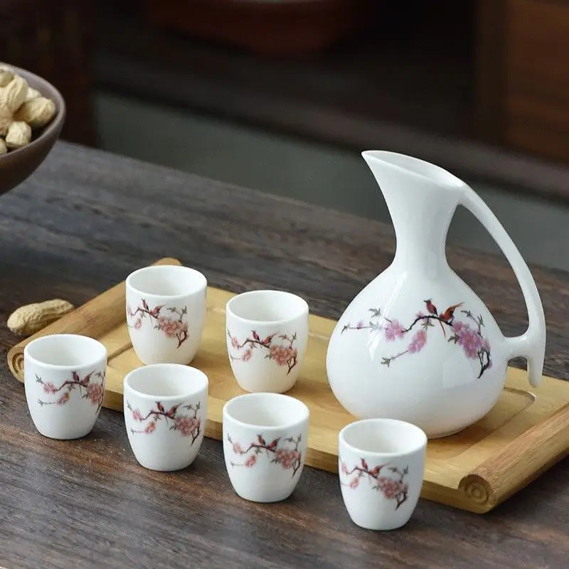 Afralia™ Ceramic Wine Set Dispenser Antique Pot Liquor Cup Warming Container