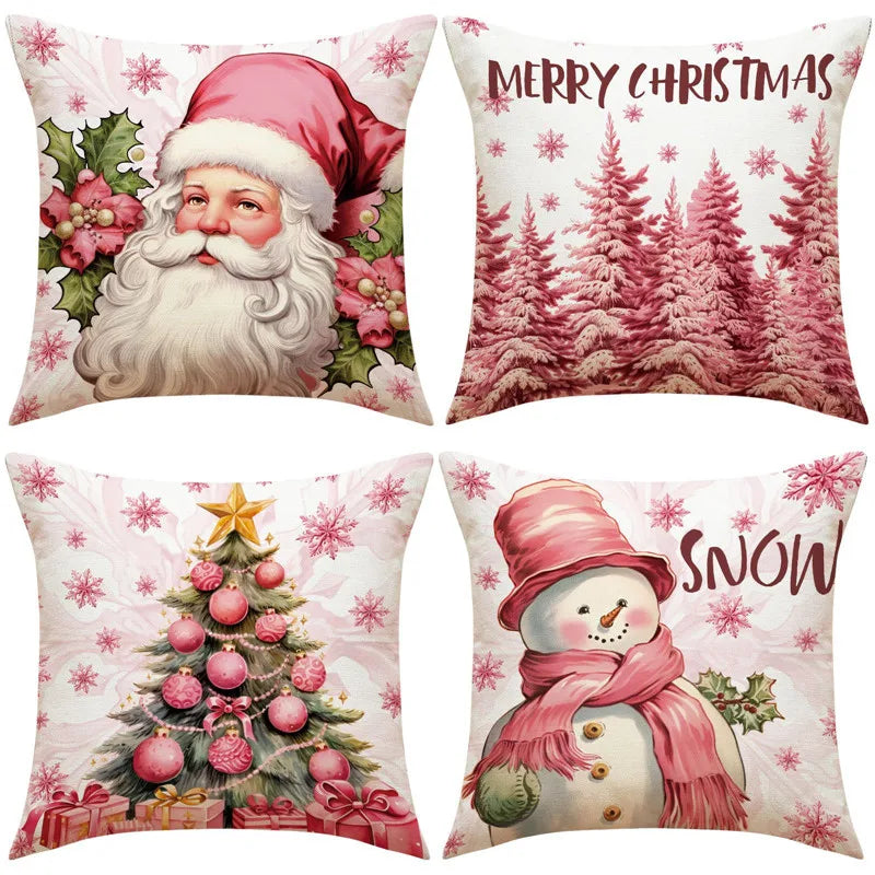 Afralia™ Pink Christmas Tree Pillow Cover, Santa Claus Print, New Year Home Decor Sofa Cushion Cover