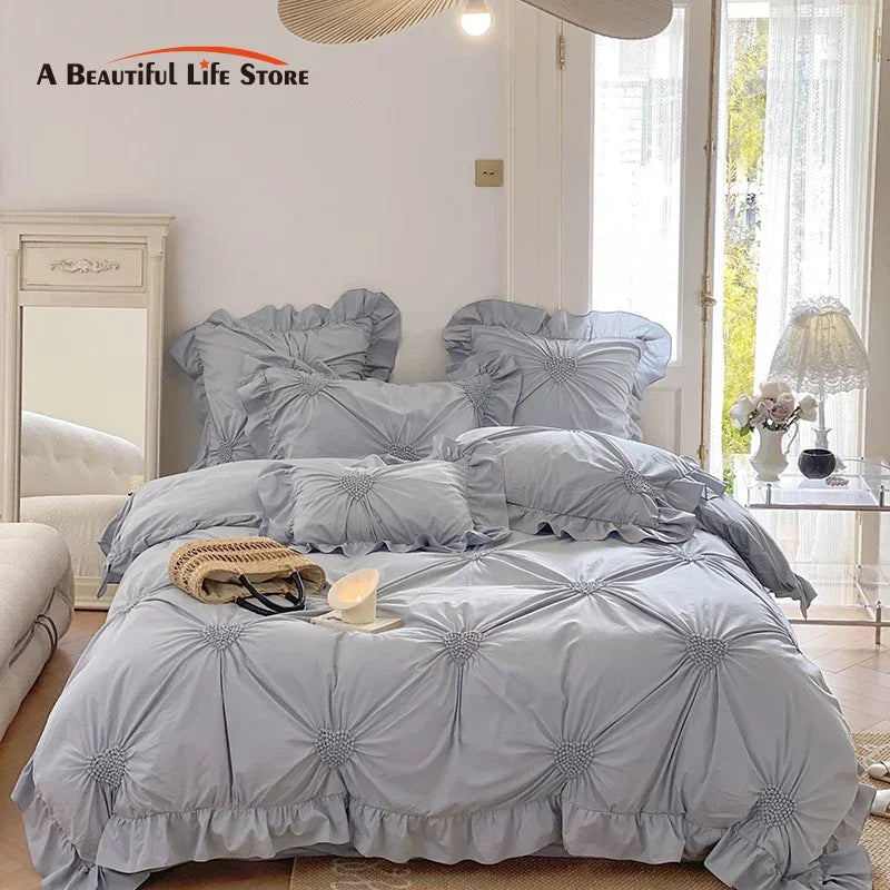 Afralia™ Korean Princess Style Pure Cotton Bedding Set with Ruffles and Heart Pleat