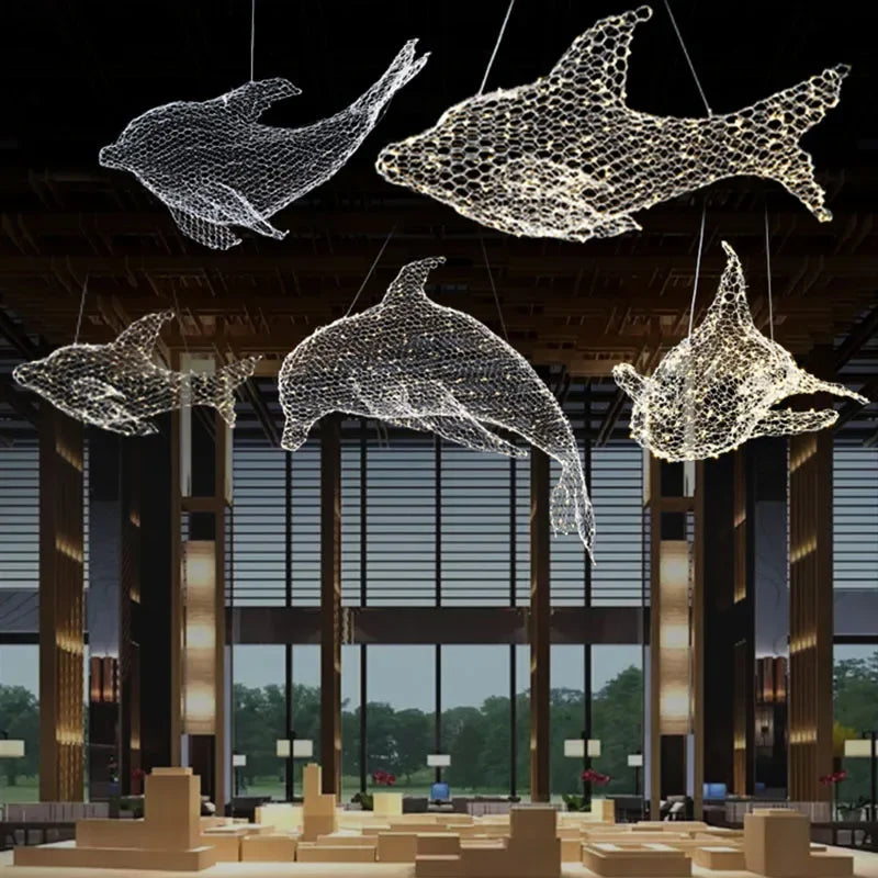 Afralia™ Fish-shaped Iron Net Pendant Lights, Industrial Style for Stores and Coffee Shops