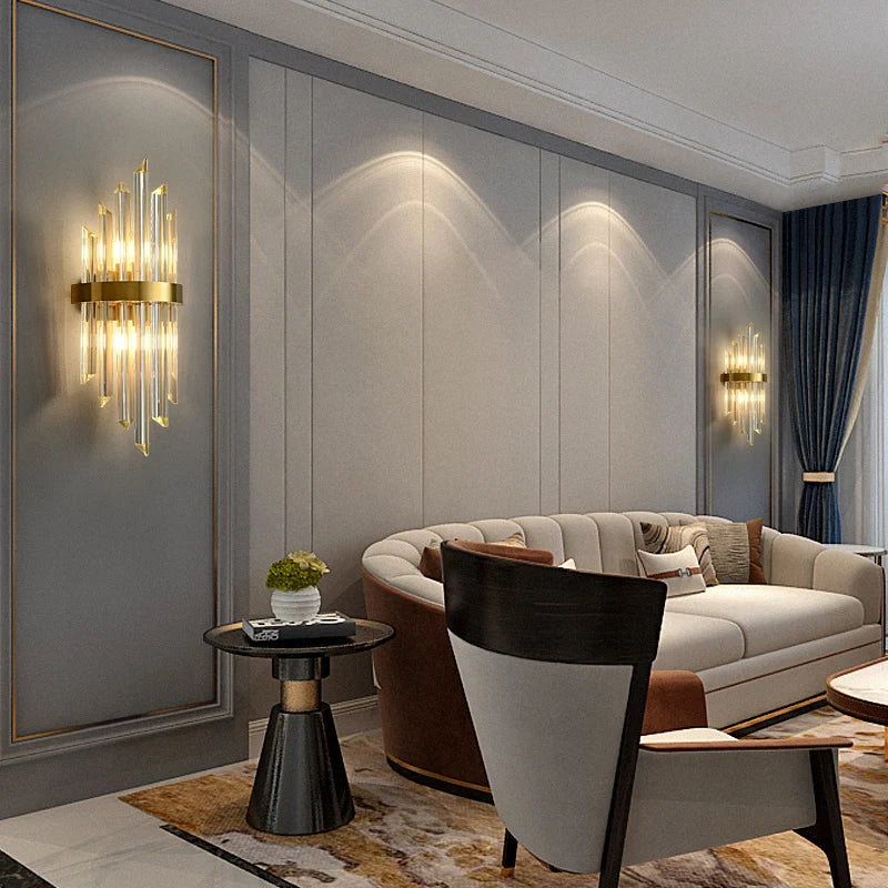 Afralia™ Modern Gold LED Crystal Wall Lamp Living Room Foyer Luxury Sconce