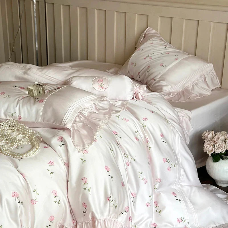 Afralia™ Vintage Rose Print Lace Ruffles 4-Piece Bedding Set - Egyptian Cotton