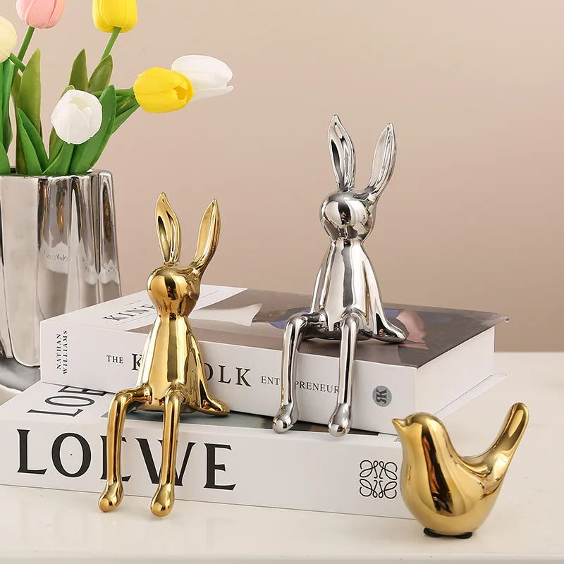 Afralia™ Gold Rabbit Ceramic Ornaments for Home & Office Decor