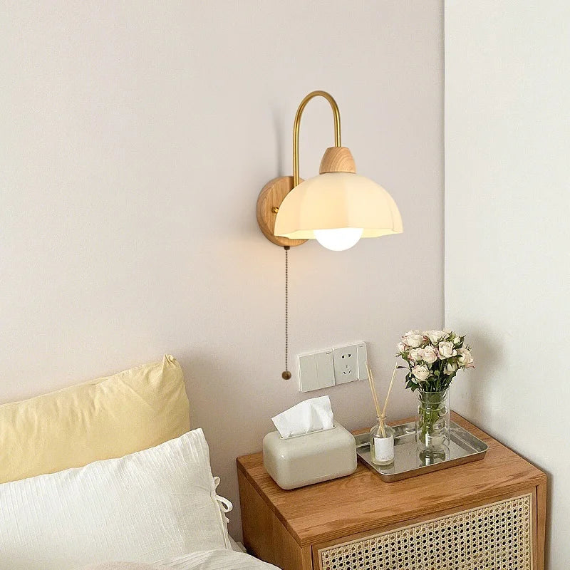 Afralia™ Glass Wood LED Wall Lights Decor for Bedroom Living Room Coffee Mirror Bedside Lamp