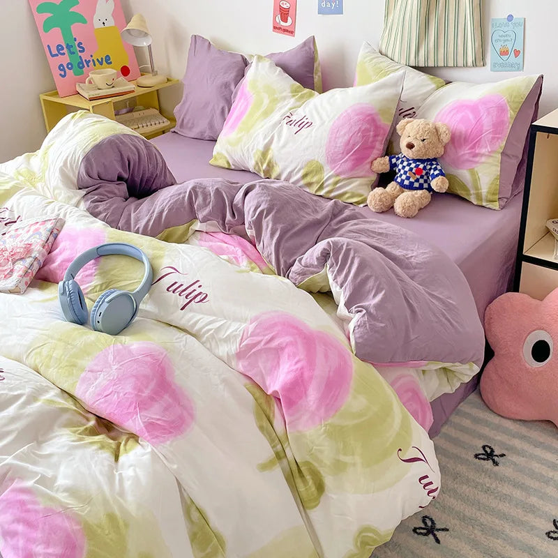 Afralia™ Cartoon Pattern Cotton Bed Sets Quilt Cover Sheet Pillowcase Bedclothes