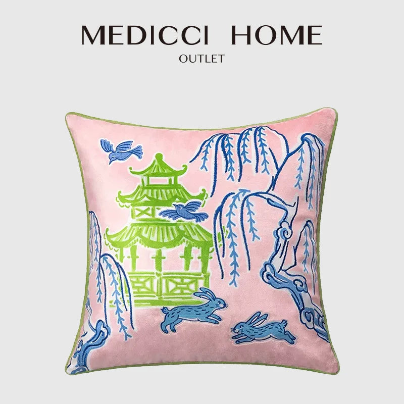 Afralia™ Spring Pavilion Rabbit Decorative Pillow Cover - Double Sided Embroidered Cushion Case
