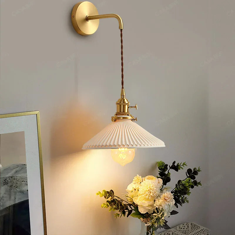 Afralia™ Ceramic Wall Lamp Pull Chain LED Modern Nordic Copper Socket Mirror Light