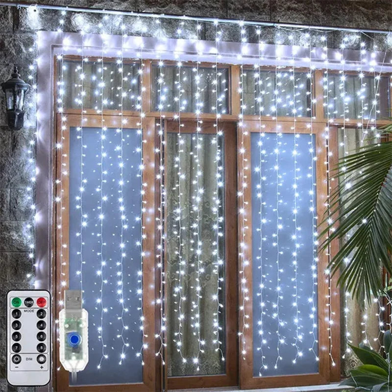 Afralia™ Curtain Garland LED String Lights 8 Mode Remote Control for Festival Christmas Home Outdoor