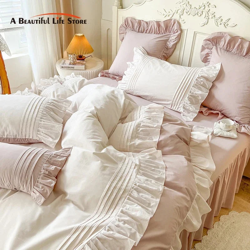 Afralia™ Pink Korean Princess Pleat Ruffles Cotton Bedding Set - 3/4Pcs
