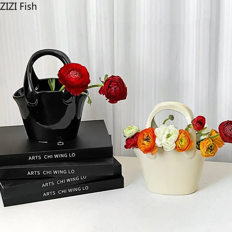 Afralia™ Handbag Ceramic Vase Desk Decoration Artificial Flower Floral Arrangement Aesthetic Decor