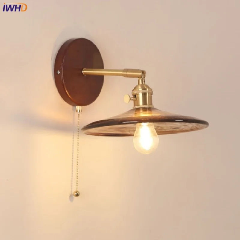 Afralia™ Copper Glass LED Wall Sconce Pull Chain Switch Stair Light