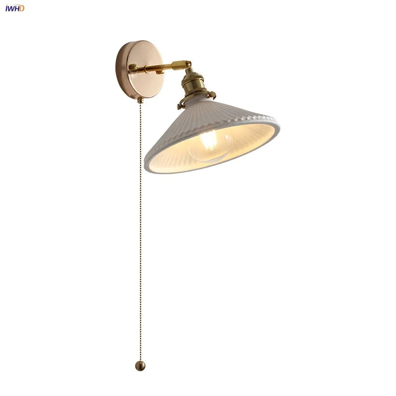 Afralia™ Copper Canopy LED Wall Sconce, White Ceramic Bedside Light for Bedroom, Modern Nordic Design