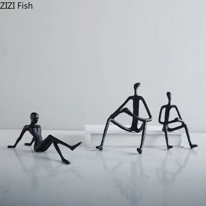 Afralia™ Seated Figures Cast Iron Sculpture for Room Decor - Abstract Metal Ornaments