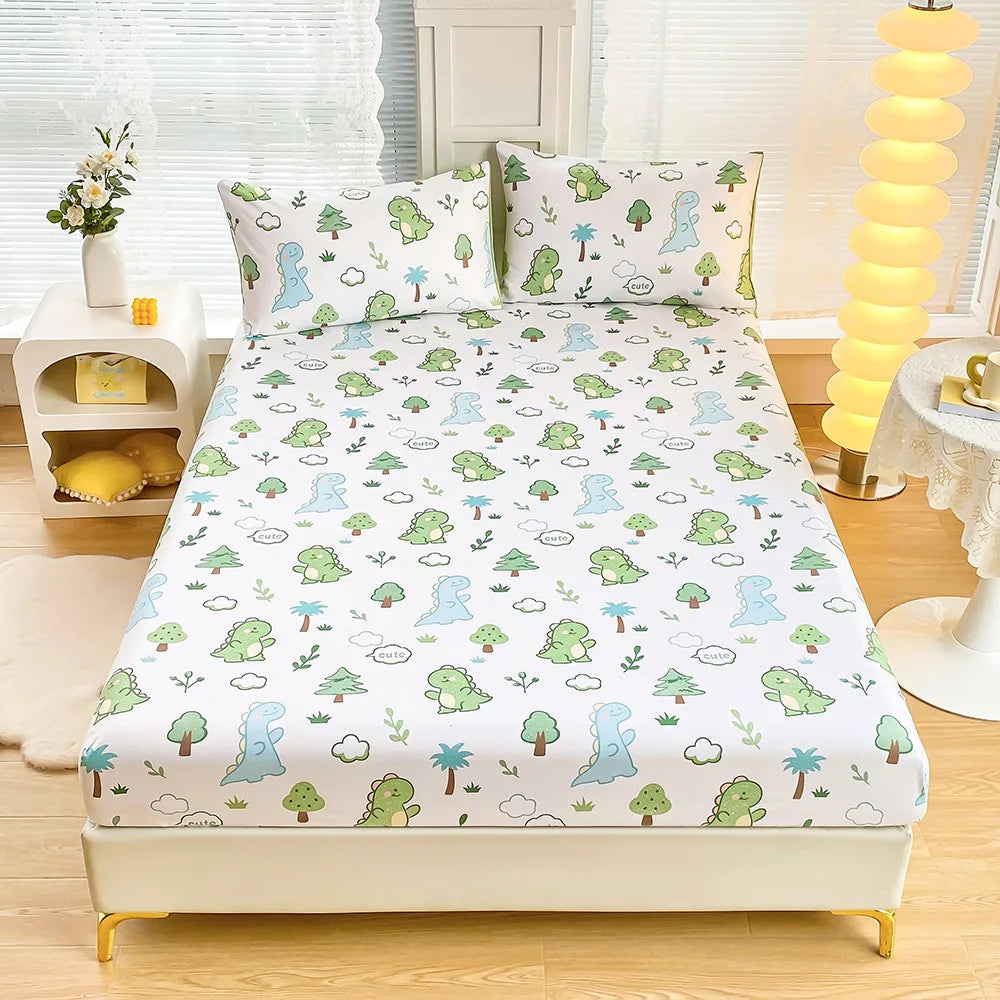 Afralia™ Green Leaf Flower Fitted Sheet Set with 2 Pillowcases for All Seasons