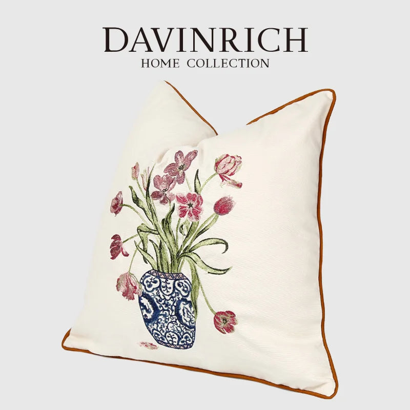Afralia™ Floral & Vase Embroidery Pillow Cover Chinese Style Cushion Case 45x45cm