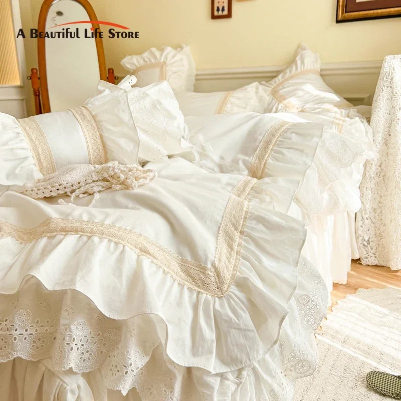 Afralia™ French Vintage Ruffles Embroidery Bedding Set, Cream White, 100% Cotton, Quilt Cover
