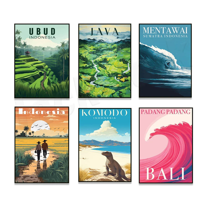 Afralia™ Bali Surfing Poster - Uluwatu, Canggu, Pererenan Estuary, Borobudur, Komodo, Rice Field Illustration