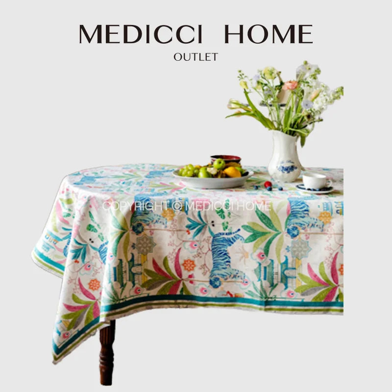 Afralia™ Jungle Vibes Tablecloth: Tiger Plants & Pagoda Print for Kitchen Garden