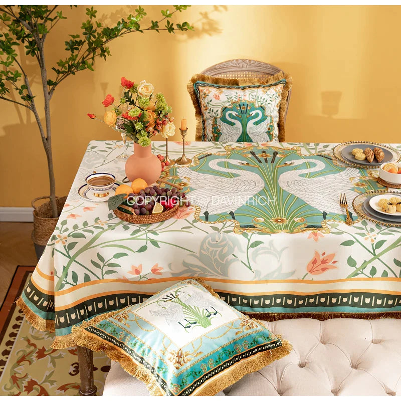 Afralia™ Double Swan & Floral Print Velvet Tablecloth with Tassels