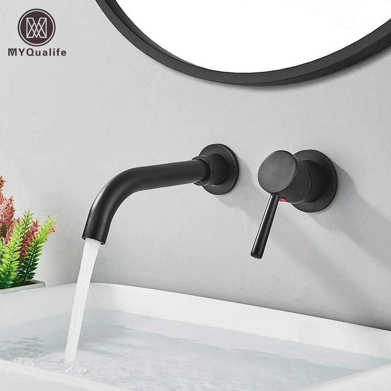 Afralia™ Gold Brass Bathroom Faucet with Modern Lever Handle, Wall Mount Sink Tap