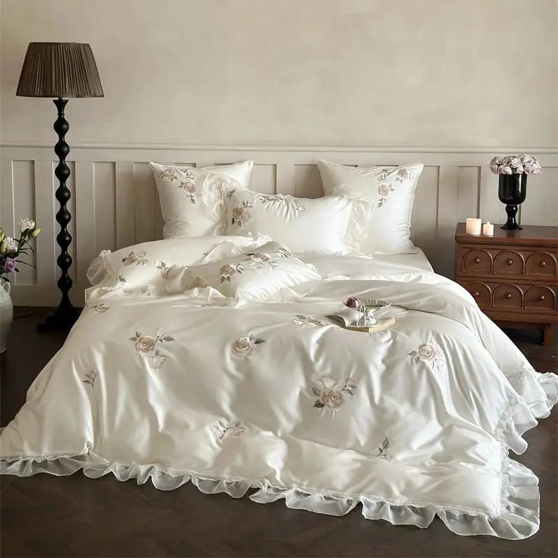 Afralia™ Rose Flowers Embroidery Lace Ruffles Wedding Bedding Set, 1000TC Egyptian Cotton
