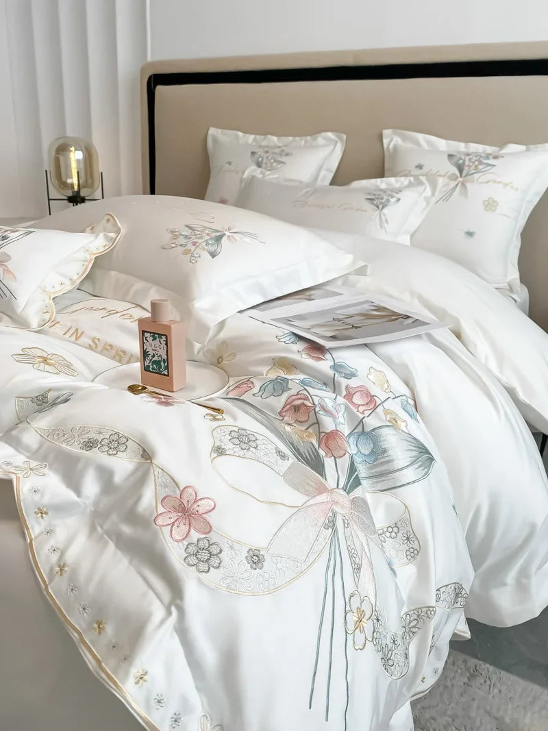 Afralia™ Chic Flowers Embroidery Princess Bedding Set - 100% Egyptian Cotton - Duvet Cover, Sheet, Pillowcases