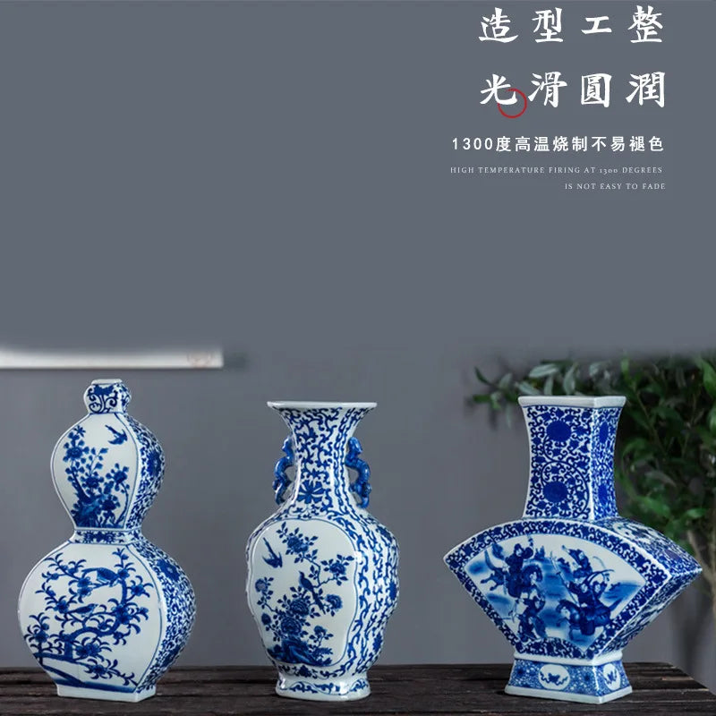 Afralia™ Blue White Porcelain Flower Bird Two Ear Vase Antique Ornaments Jingdezhen