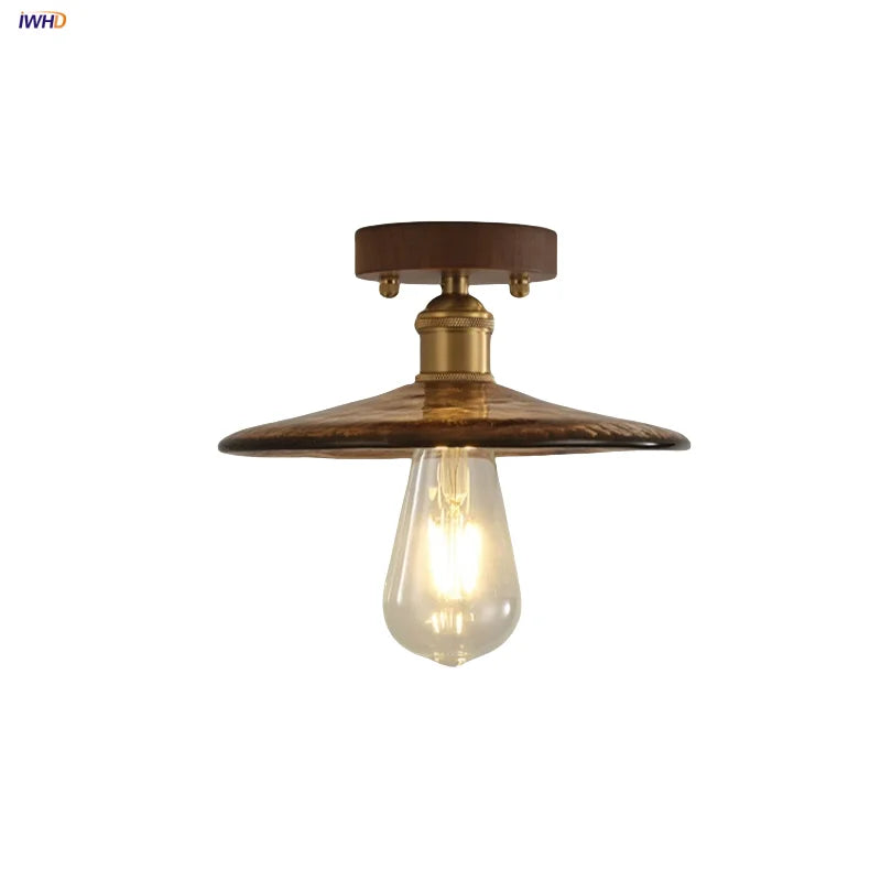 Afralia™ Nordic LED Ceiling Light Amber Glass Wood Brass Flush Mount Lamp