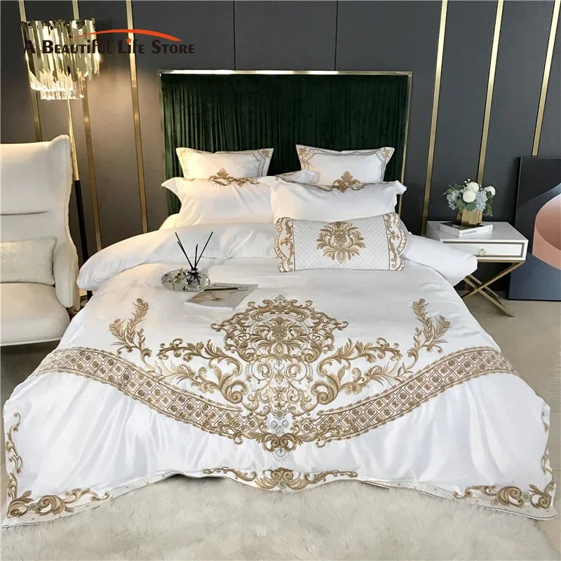 Afralia™ Luxurious White Satin & Cotton Bedding Set with Royal Gold Embroidery