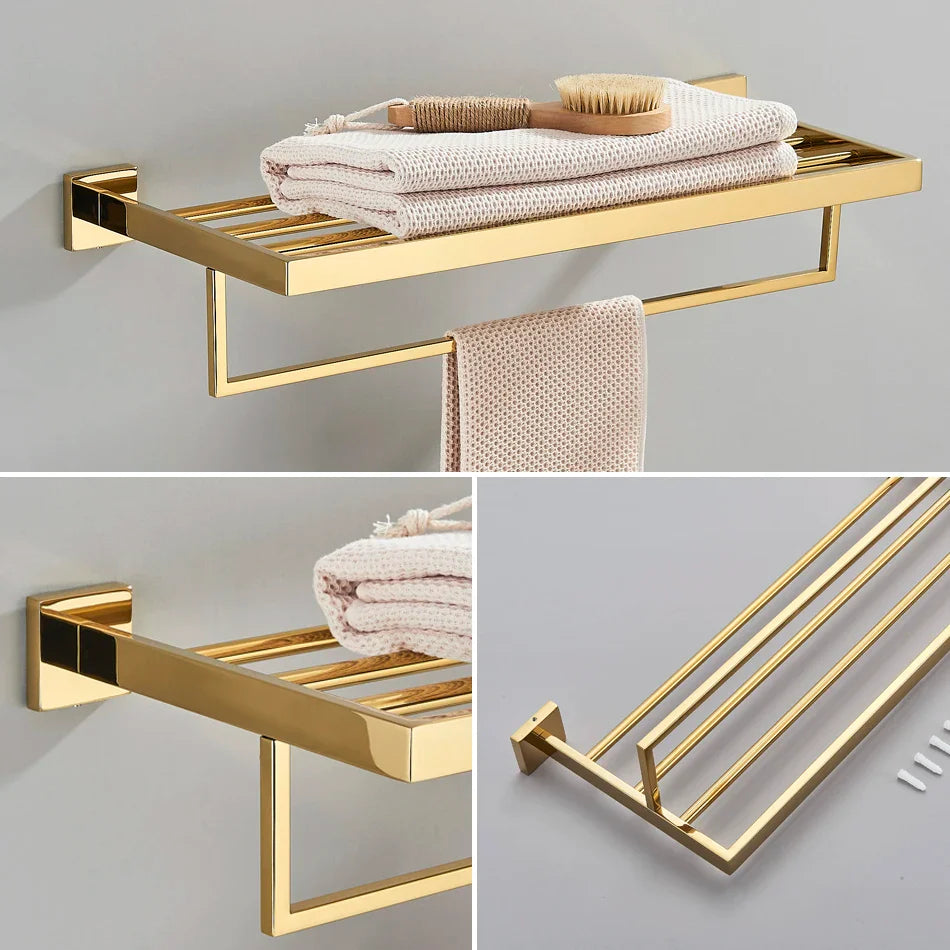 Afralia™ Gold Bathroom Hardware Set: Hook, Towel Rail, Bar, Shelf, Tissue Holder & More