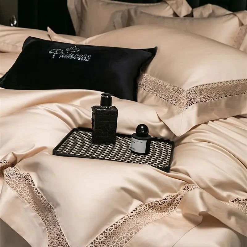 Afralia™ Luxury Lace Edge Bedding Set: Queen King Duvet Cover, Bed Sheet, Pillowcase