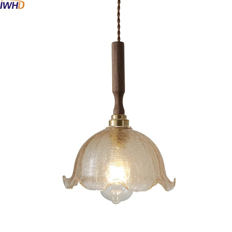Afralia™ Amber Glass LED Pendant Lamp, Copper Walnut Hanging Light Fixture for Home Decor