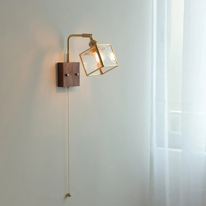 Afralia™ Walnut LED Wall Lights Pull Chain Switch Bedside Lamp Vintage Cube Glass Stair Light