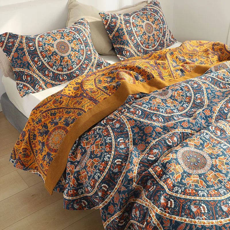 Afralia™ Cotton Picnic Blanket/Bedspread - Double Bed 150 Flowers Blue, High Quality Pillowcases