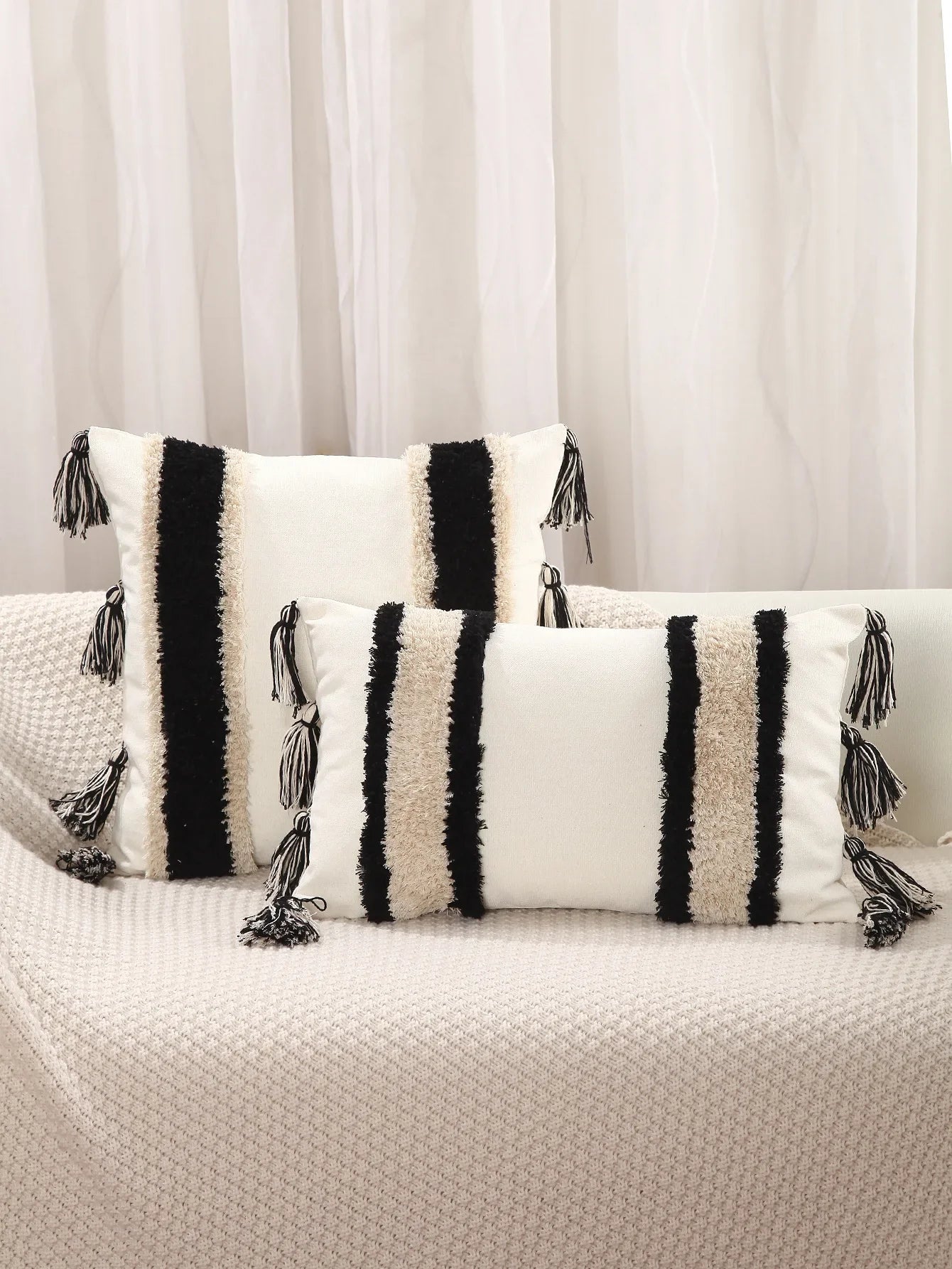 Geometric Tufted Cushion Cover with Fringe by Afralia™ - Black White Beige Sofa Pillow