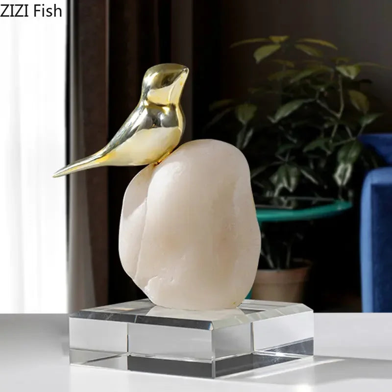 Afralia™ Golden Bird Statue Crystal Base Desk Ornament, Gold-plated Modern Home Decoration