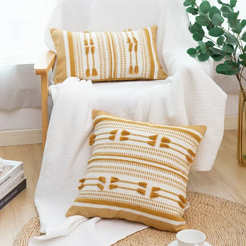 Afralia™ Geometric Tassels Cushion Cover - Yellow & Black Woven Home Decor Pillow
