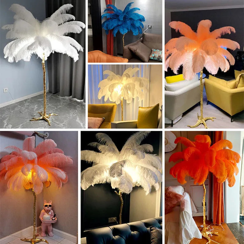 Afralia™ Luxury Ostrich Feather LED Floor Lamp Gold Resin Modern Nordic Living Room