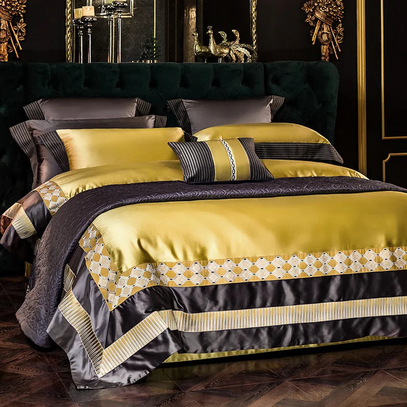 Afralia™ 200S Embroidery Egyptian Cotton Bedding Set: Queen King Linens, Sheet Duvet Pillowcase
